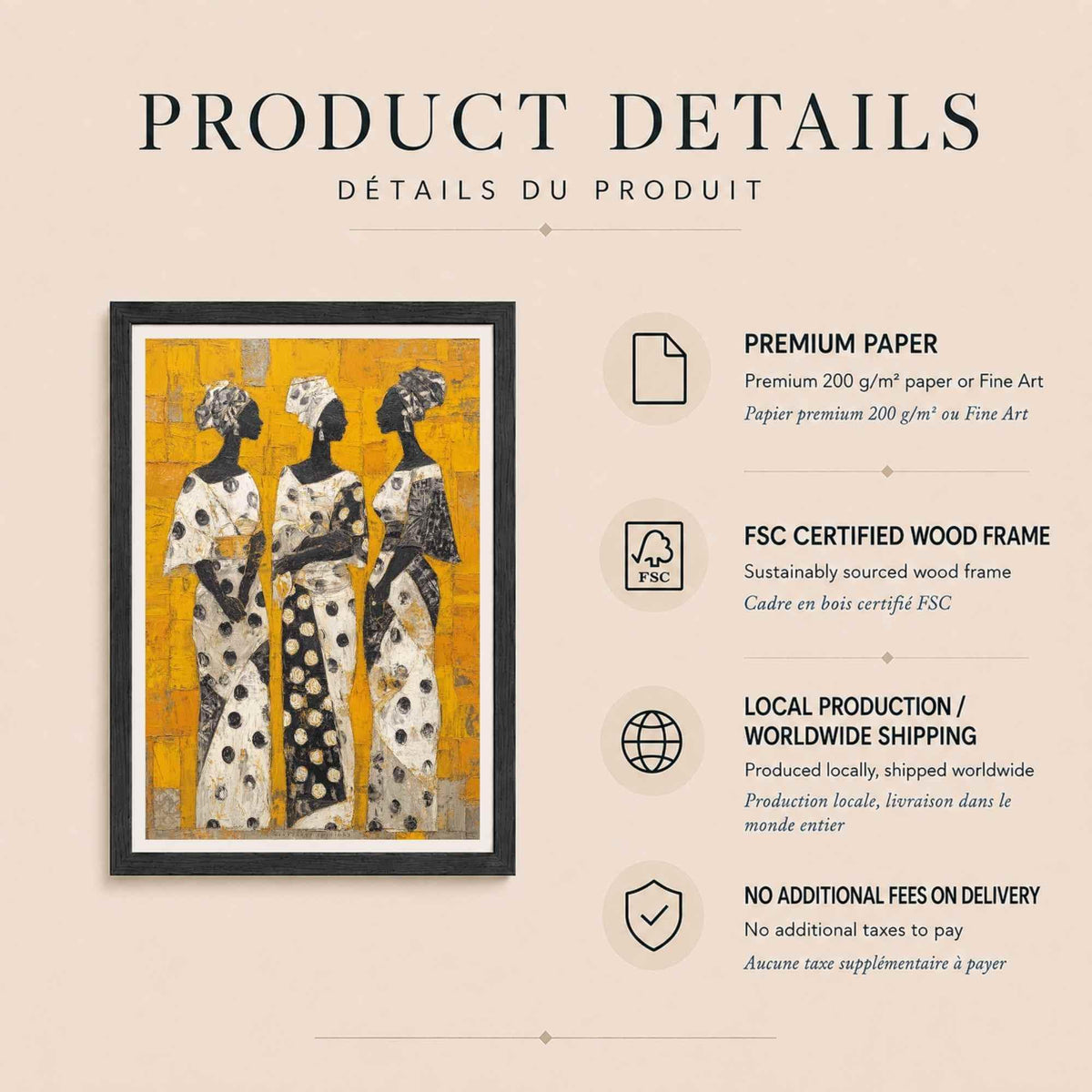 Affiche trois femmes africaines, art mural peinture ethnique, toile texturée jaune et noir