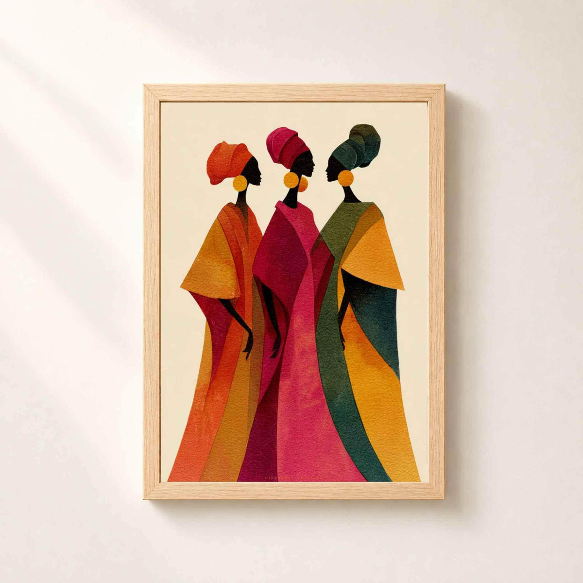 Affiche femmes africaines boubous, art mural boho coloré, illustration trois femmes profil
