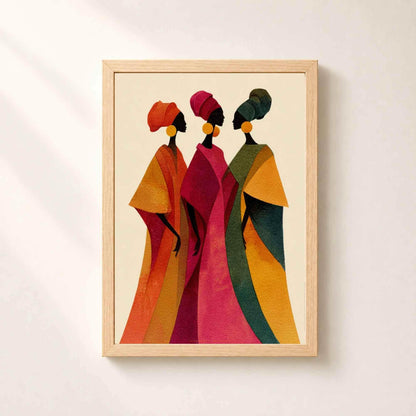 Affiche femmes africaines boubous, art mural boho coloré, illustration trois femmes profil