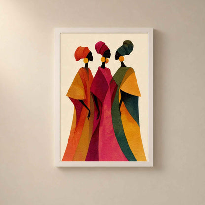 Affiche femmes africaines boubous, art mural boho coloré, illustration trois femmes profil