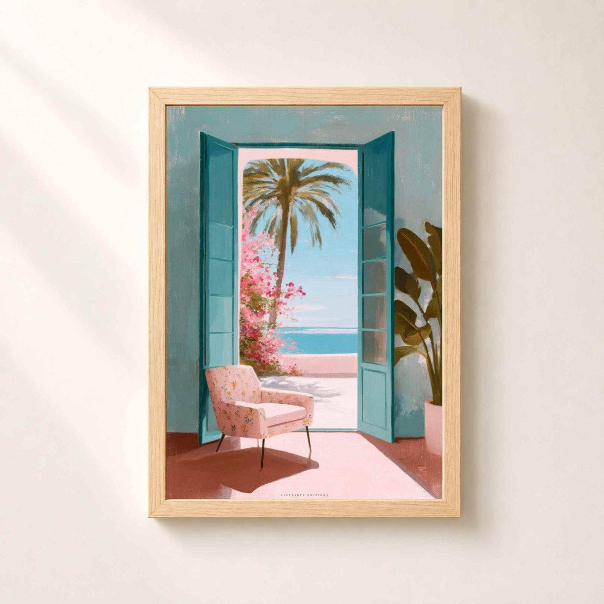 Affiche porte sur la mer méditerranée, art mural voyage coloré, peinture riviera fauteuil rose