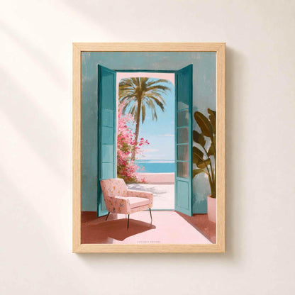 Affiche porte sur la mer méditerranée, art mural voyage coloré, peinture riviera fauteuil rose