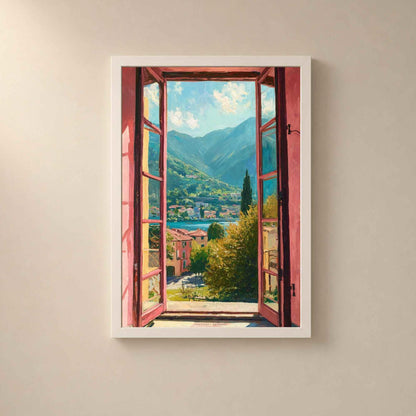 Affiche fenêtre sur lac de Côme, art mural paysage Italie, peinture impressionniste volets roses