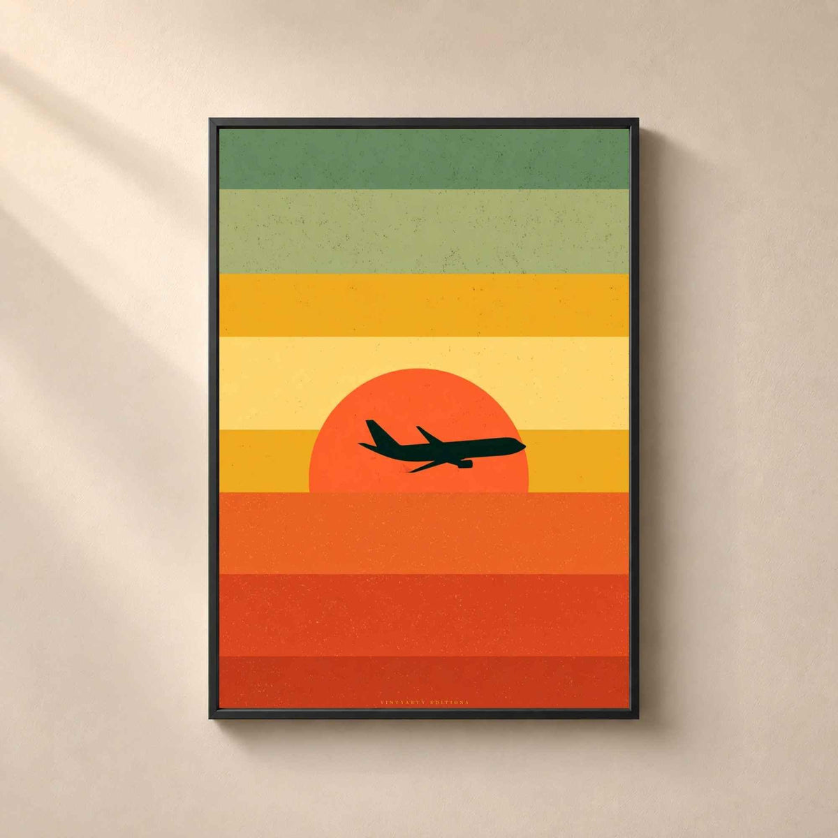 Affiche avion soleil couchant rétro, art mural voyage vintage, illustration seventies colorée