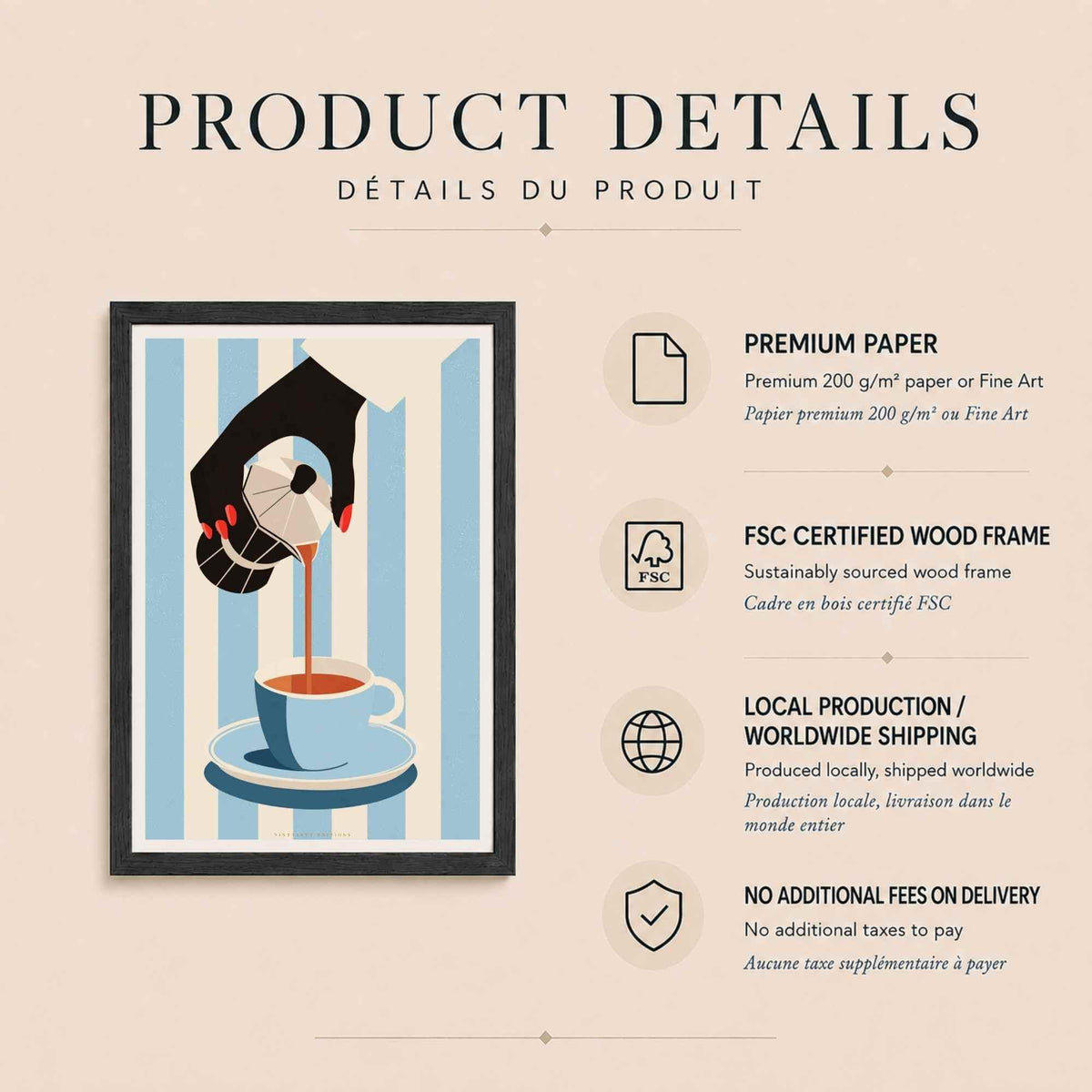 Affiche café cafetière moka, art mural cuisine rétro, illustration coin café élégante