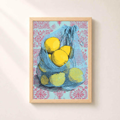 Affiche citrons pop art, art mural cuisine coloré, illustration filet citrons carreaux ciment