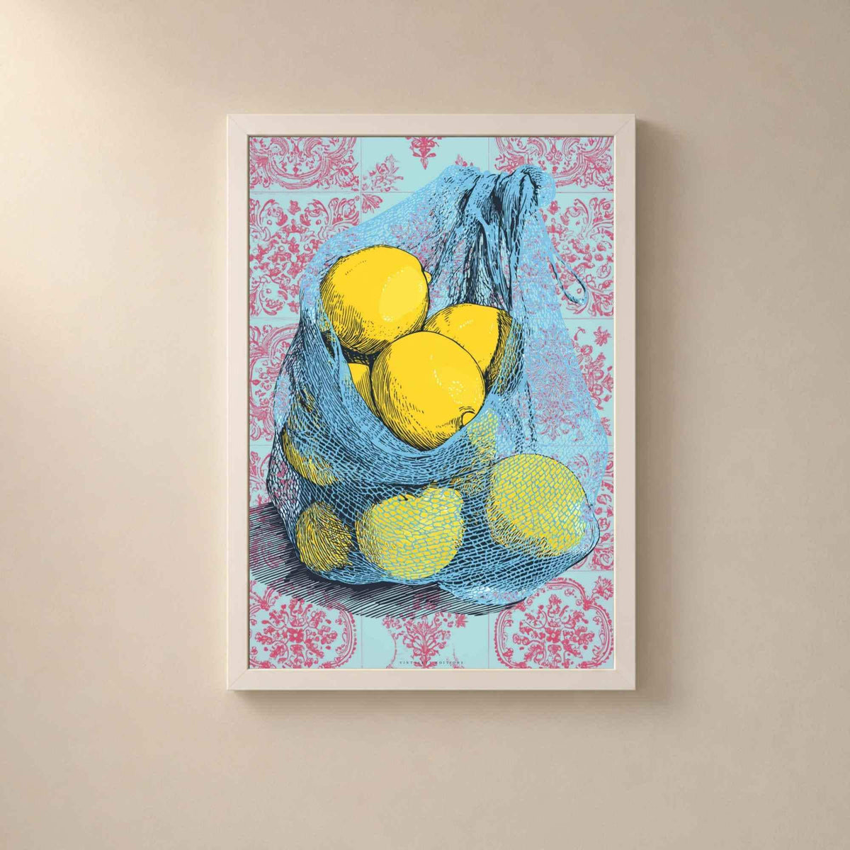 Affiche citrons pop art, art mural cuisine coloré, illustration filet citrons carreaux ciment