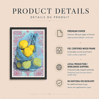 Affiche citrons pop art, art mural cuisine coloré, illustration filet citrons carreaux ciment