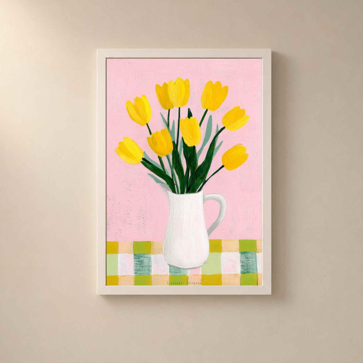 Affiche tulipes jaunes pichet, art mural fleurs gouache, nature morte printemps rose et vichy