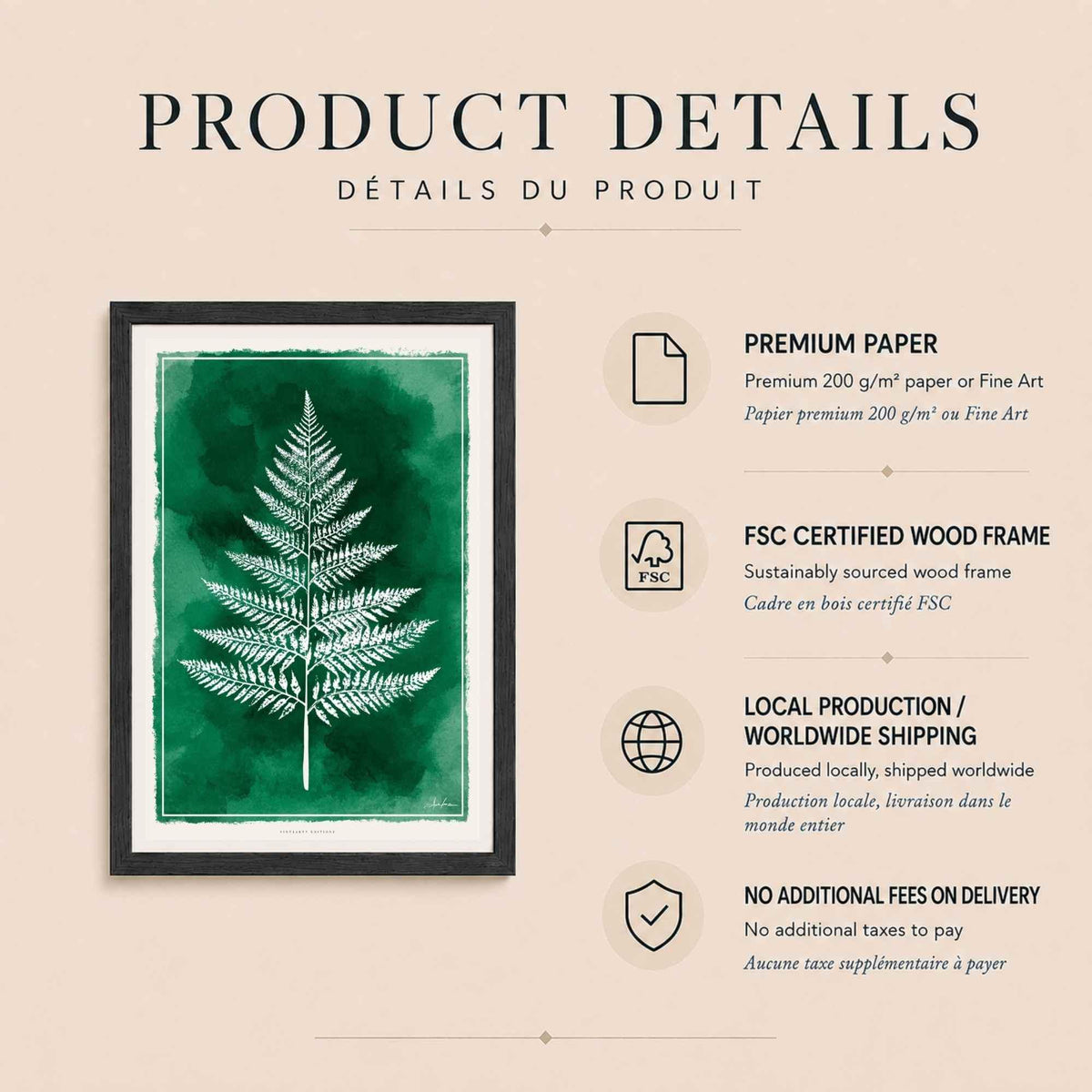 Affiche fougère verte, art mural botanique, empreinte végétale aquarelle émeraude
