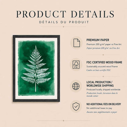 Affiche fougère verte, art mural botanique, empreinte végétale aquarelle émeraude
