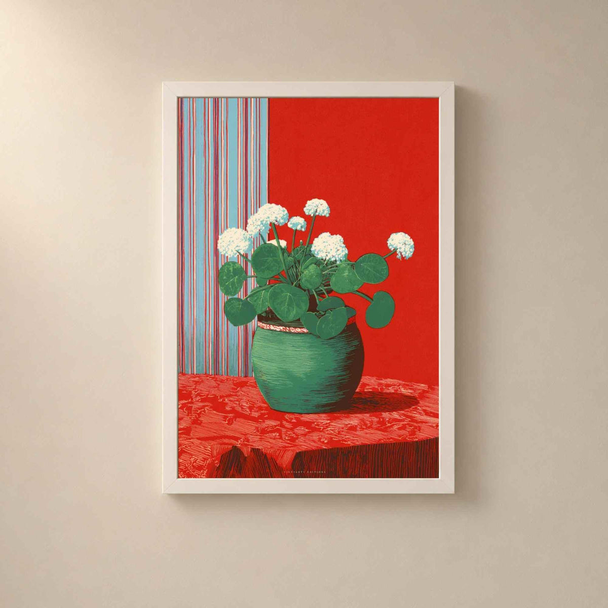 Affiche plante fleurie pot vert, art mural sérigraphie, nature morte rouge et vert maximaliste