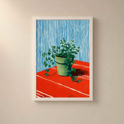 Affiche lierre en pot, art mural cuisine gouache, nature morte rouge et bleu colorée