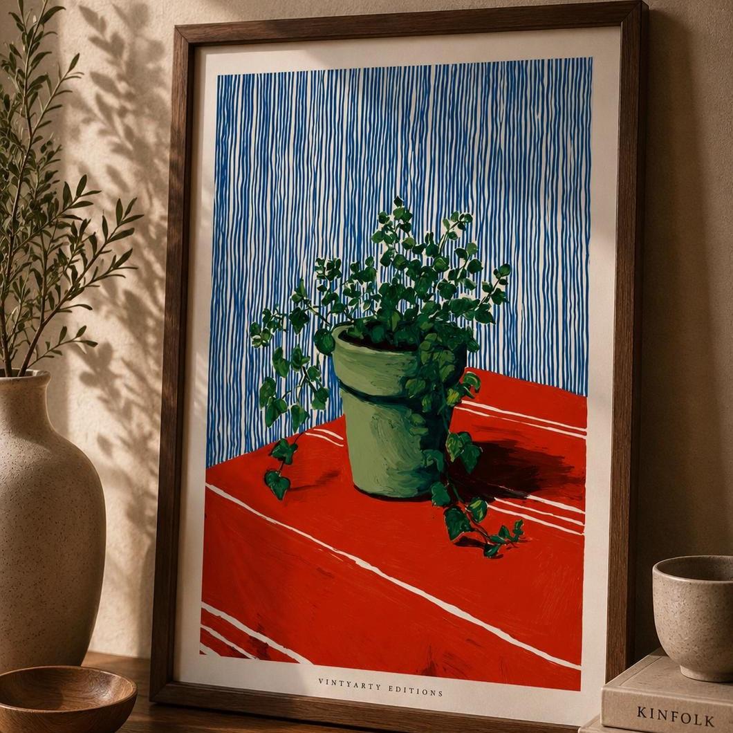 Affiche lierre en pot, art mural cuisine gouache, nature morte rouge et bleu colorée