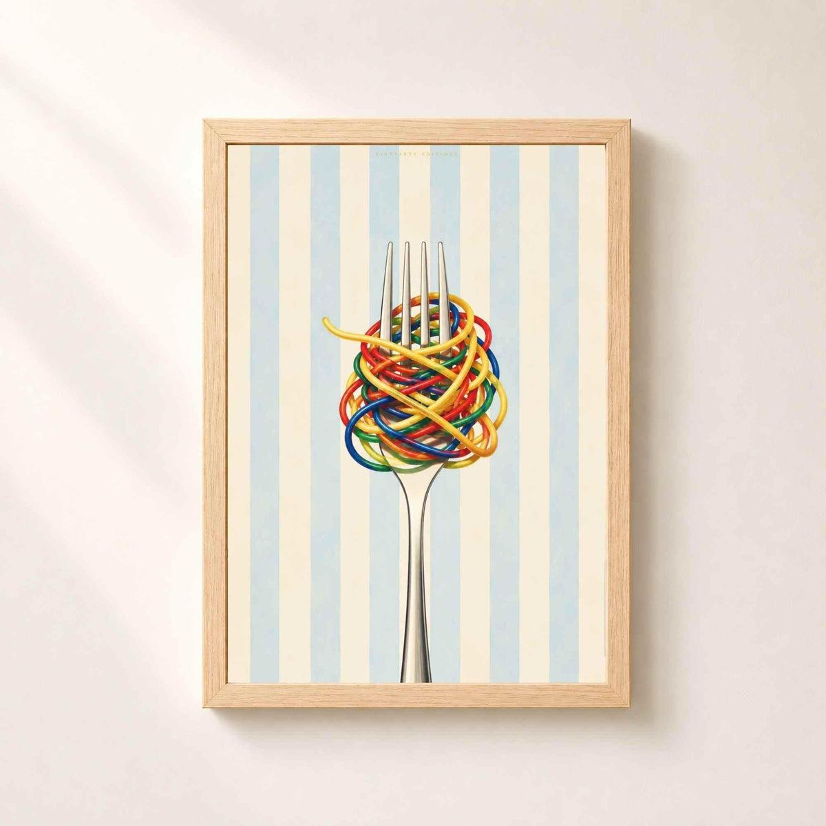 Affiche spaghetti colorés, art mural cuisine, illustration culinaire contemporaine