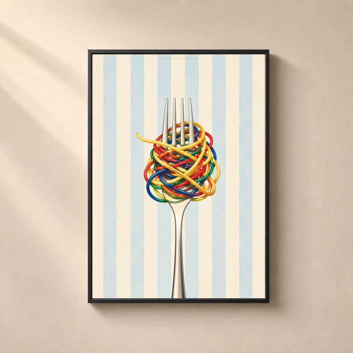 Affiche spaghetti colorés, art mural cuisine, illustration culinaire contemporaine