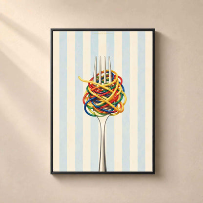 Affiche spaghetti colorés, art mural cuisine, illustration culinaire contemporaine
