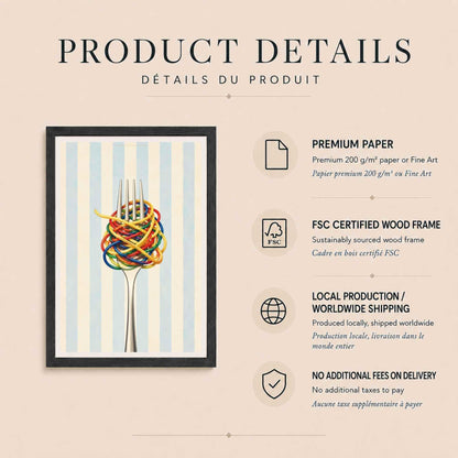 Affiche spaghetti colorés, art mural cuisine, illustration culinaire contemporaine