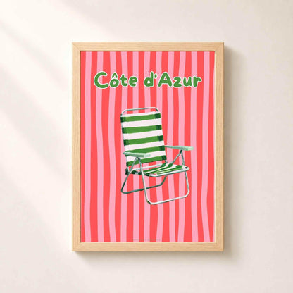 Affiche Côte d’Azur, chaise de plage rétro, décoration murale Riviera française
