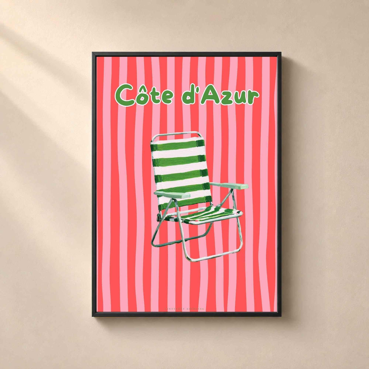 Affiche Côte d’Azur, chaise de plage rétro, décoration murale Riviera française