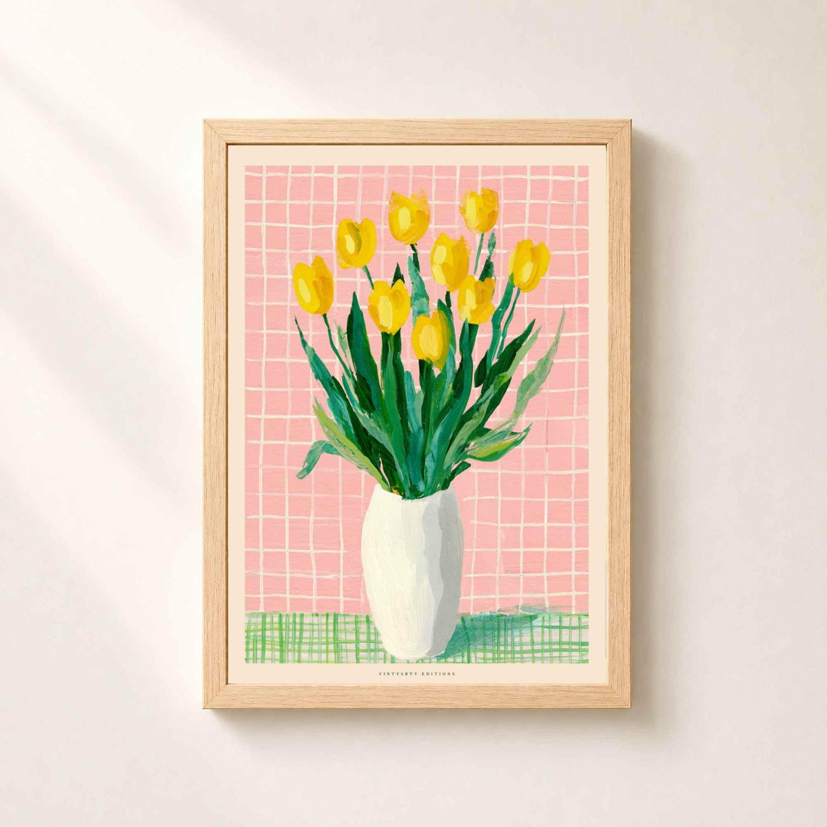 Affiche tulipes jaunes, bouquet floral coloré, décoration murale rose et verte