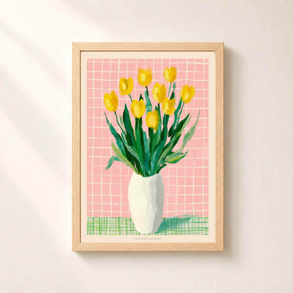 Affiche tulipes jaunes, bouquet floral coloré, décoration murale rose et verte