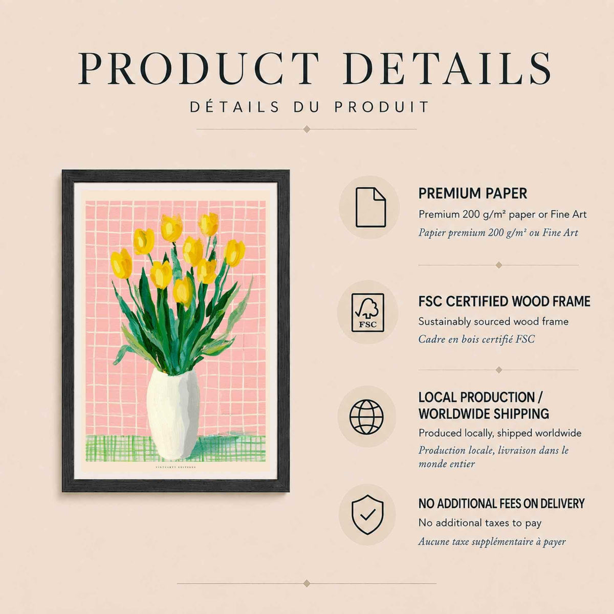 Affiche tulipes jaunes, bouquet floral coloré, décoration murale rose et verte