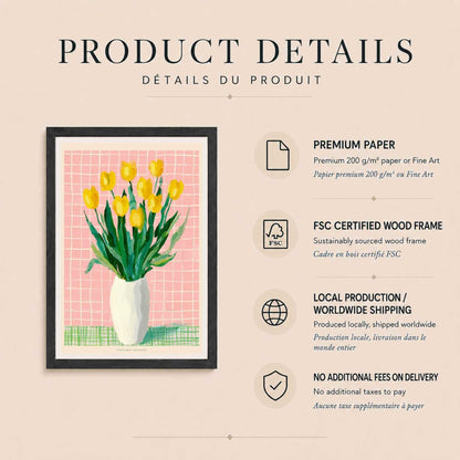 Affiche tulipes jaunes, bouquet floral coloré, décoration murale rose et verte