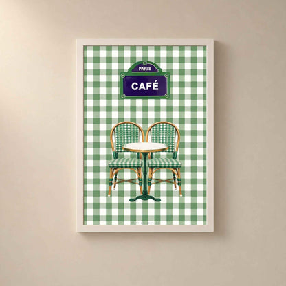 Affiche café Paris, terrasse bistrot française, décoration murale verte rétro d'un café parisien