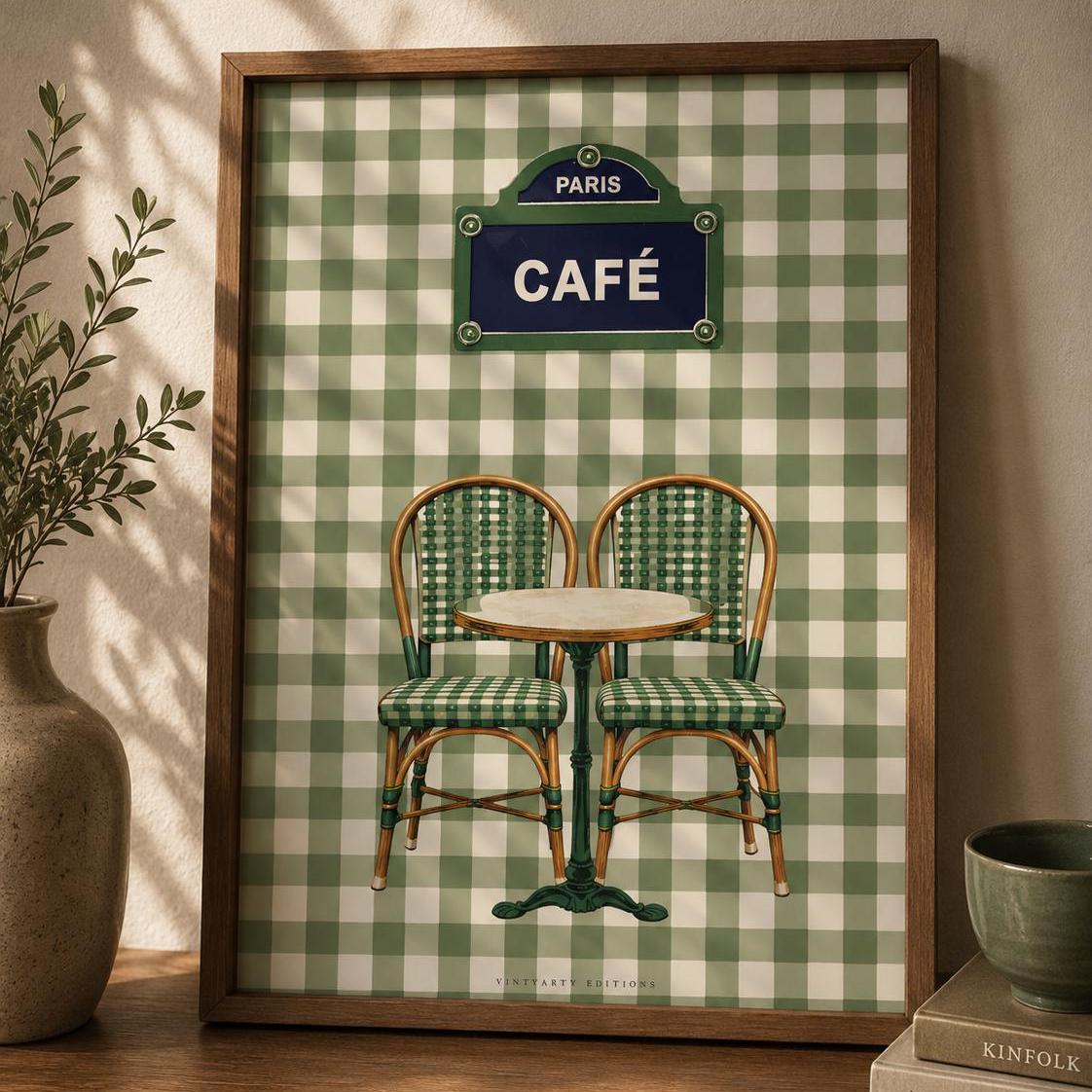 Affiche café Paris, terrasse bistrot française, décoration murale verte rétro d'un café parisien