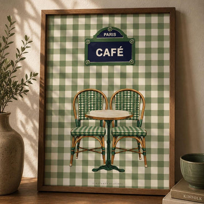Affiche café Paris, terrasse bistrot française, décoration murale verte rétro d'un café parisien