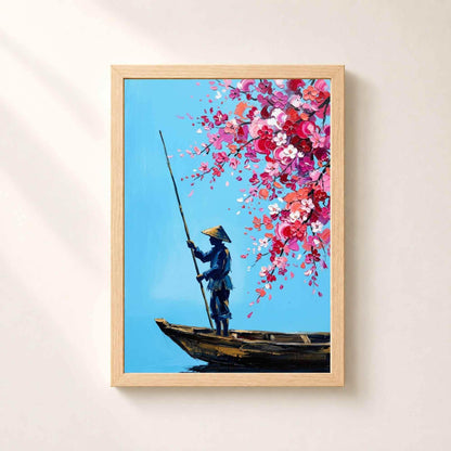Affiche batelier fleurs de cerisier, art mural Asie peinture couteau, scène bleu et rose Vietnam