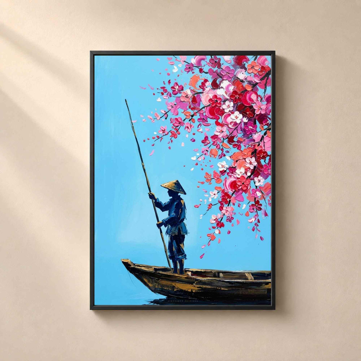 Affiche batelier fleurs de cerisier, art mural Asie peinture couteau, scène bleu et rose Vietnam