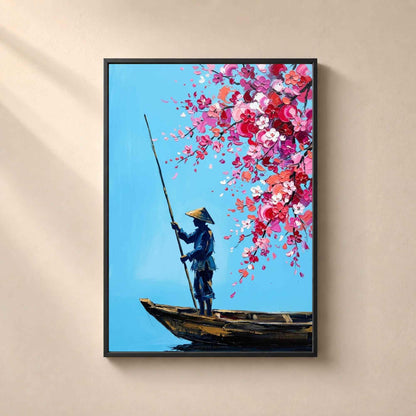 Affiche batelier fleurs de cerisier, art mural Asie peinture couteau, scène bleu et rose Vietnam