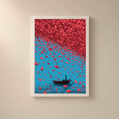 Affiche pluie de pétales rouges, art mural minimaliste asiatique, homme en barque bleu et rouge