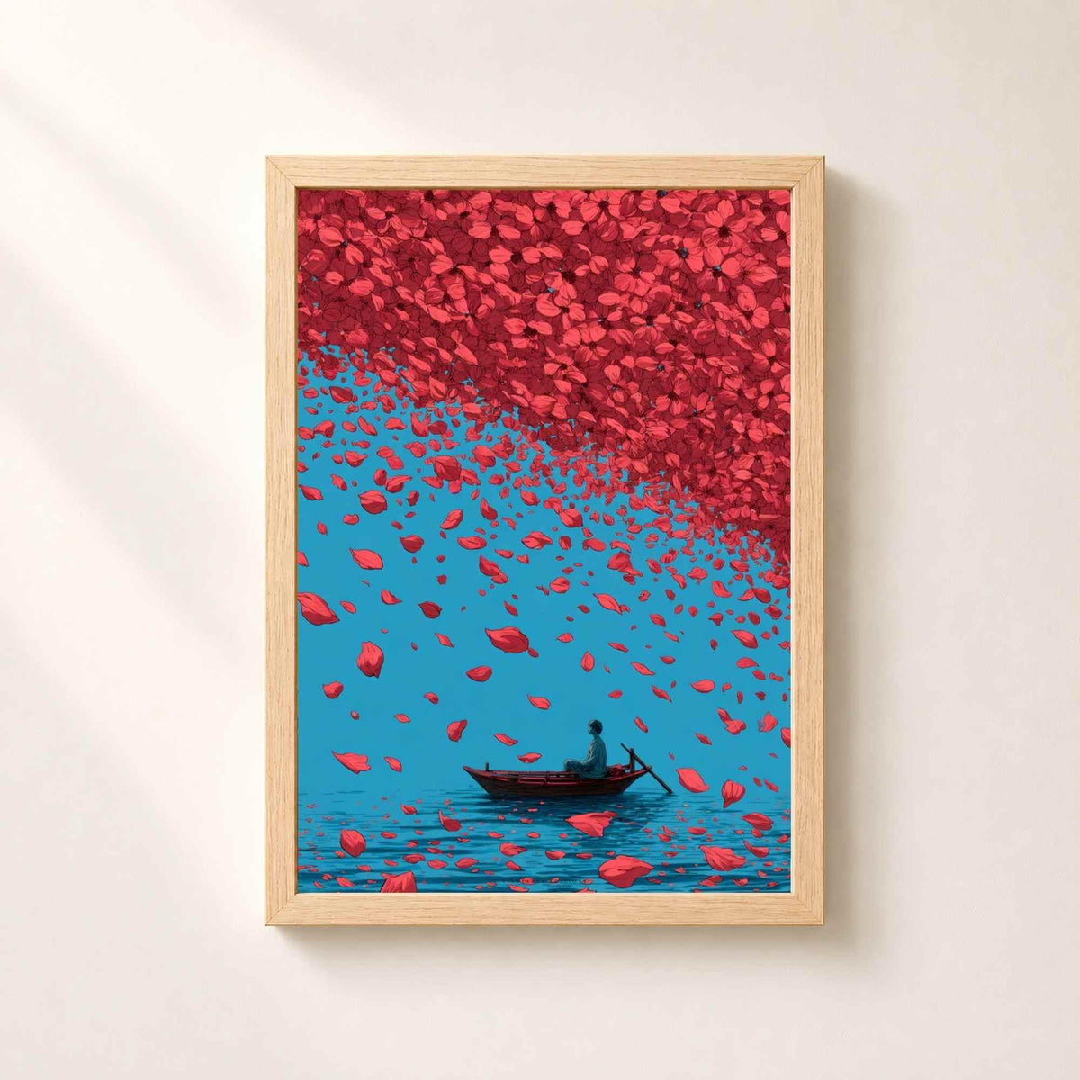 Affiche pluie de pétales rouges, art mural minimaliste asiatique, homme en barque bleu et rouge