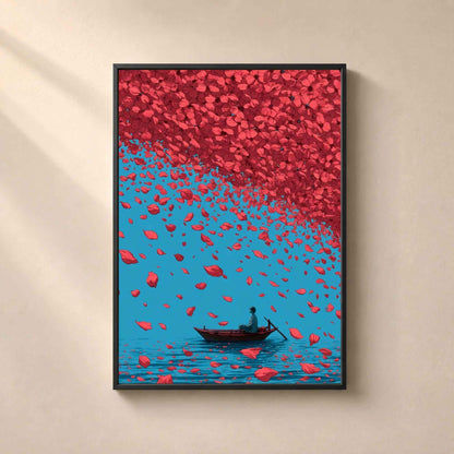 Affiche dans un cadre en bois noir sur un mur clair, homme seul en barque sous une pluie de pétales rouges tombant d'un ciel de fleurs.
