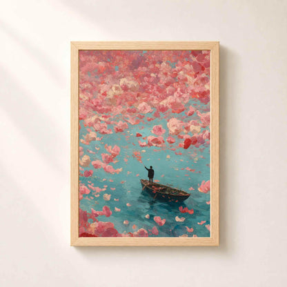 Affiche homme et pluie de fleurs roses, art mural peinture onirique, barque mer turquoise romantique