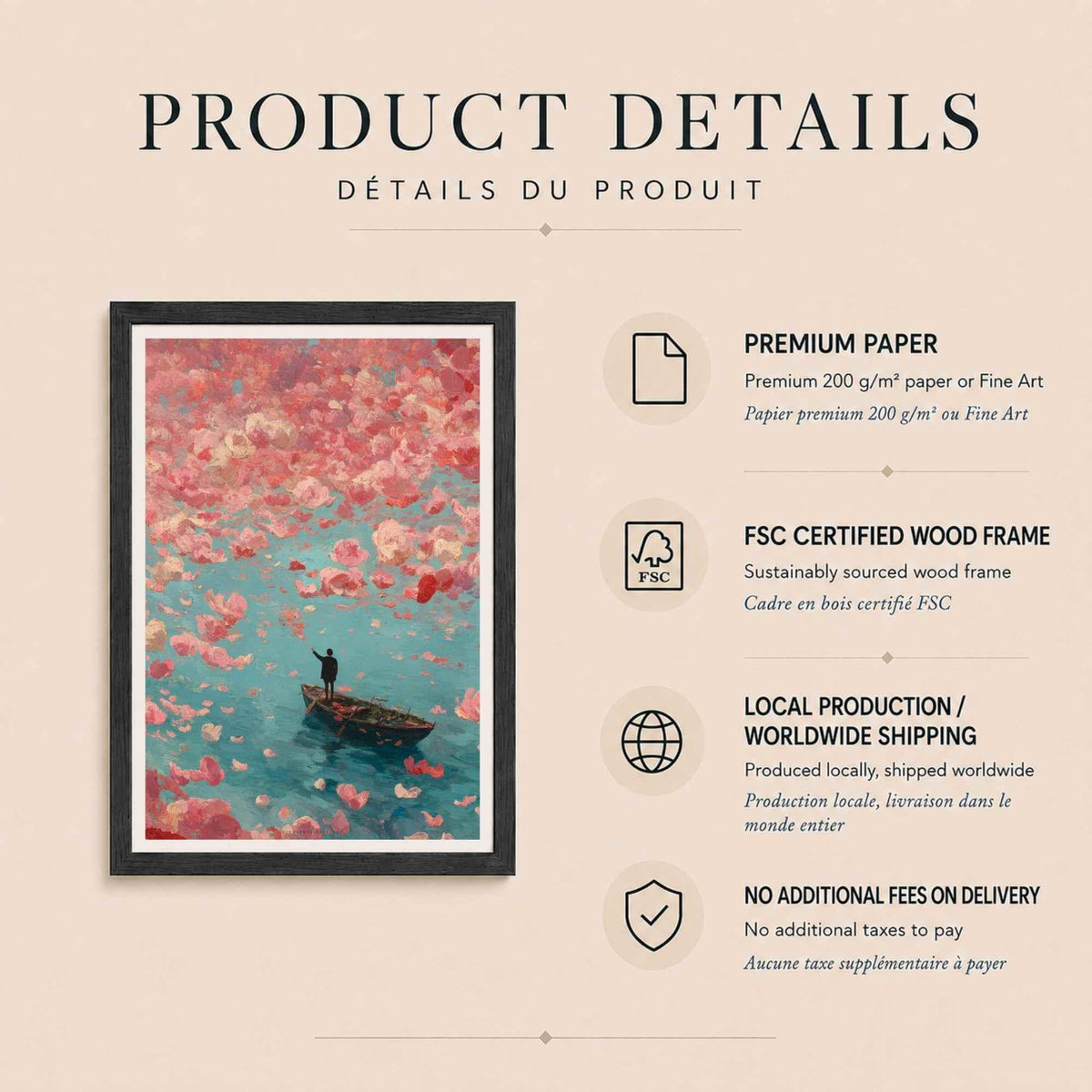 Affiche homme et pluie de fleurs roses, art mural peinture onirique, barque mer turquoise romantique