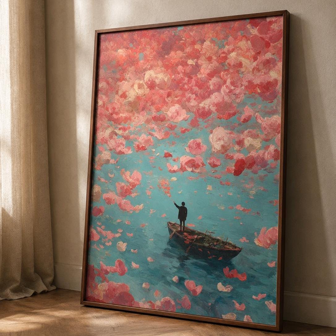 Affiche homme et pluie de fleurs roses, art mural peinture onirique, barque mer turquoise romantique