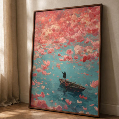 Affiche homme et pluie de fleurs roses, art mural peinture onirique, barque mer turquoise romantique