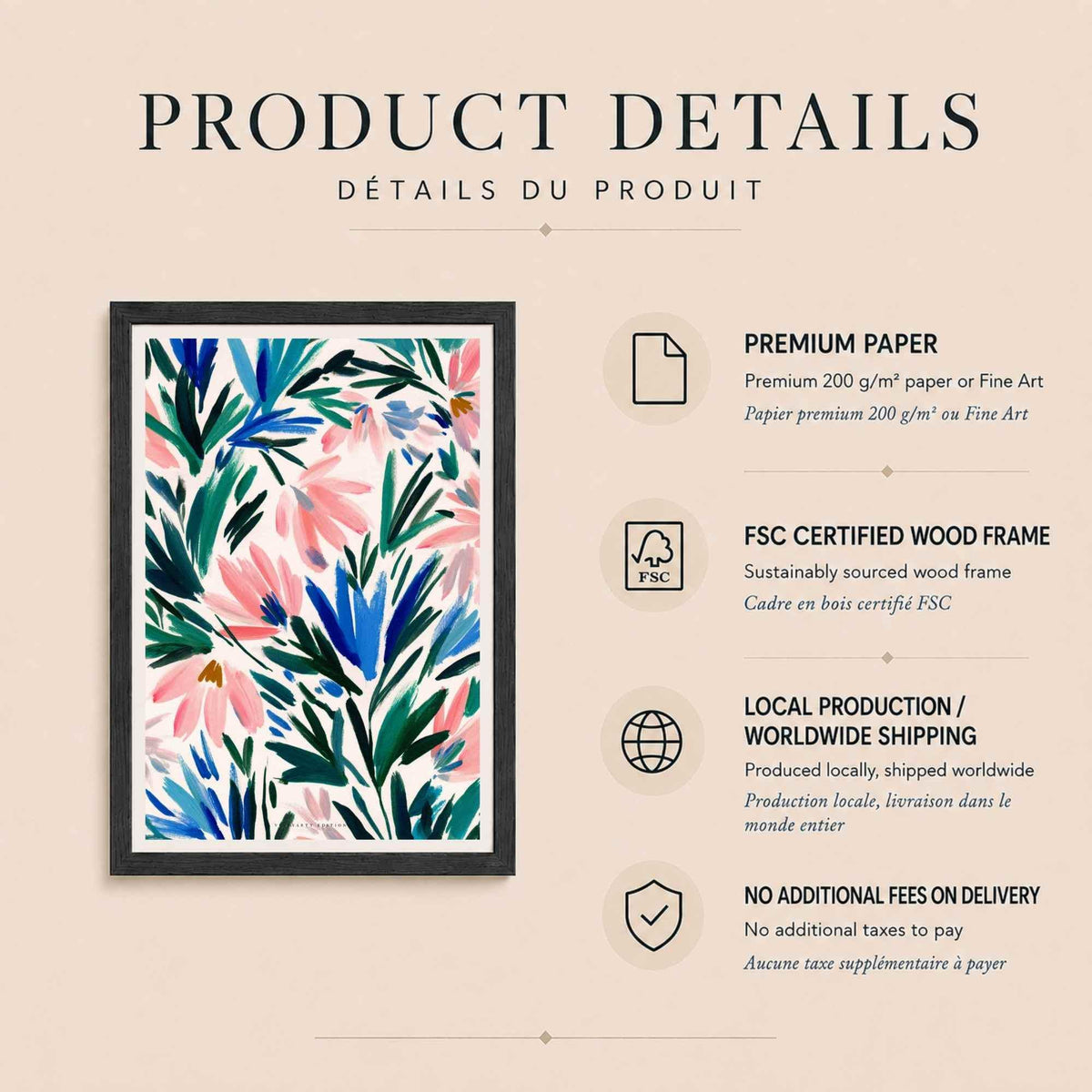 Affiche motif floral peint, art mural fleurs roses et bleues, gouache botanique moderne
