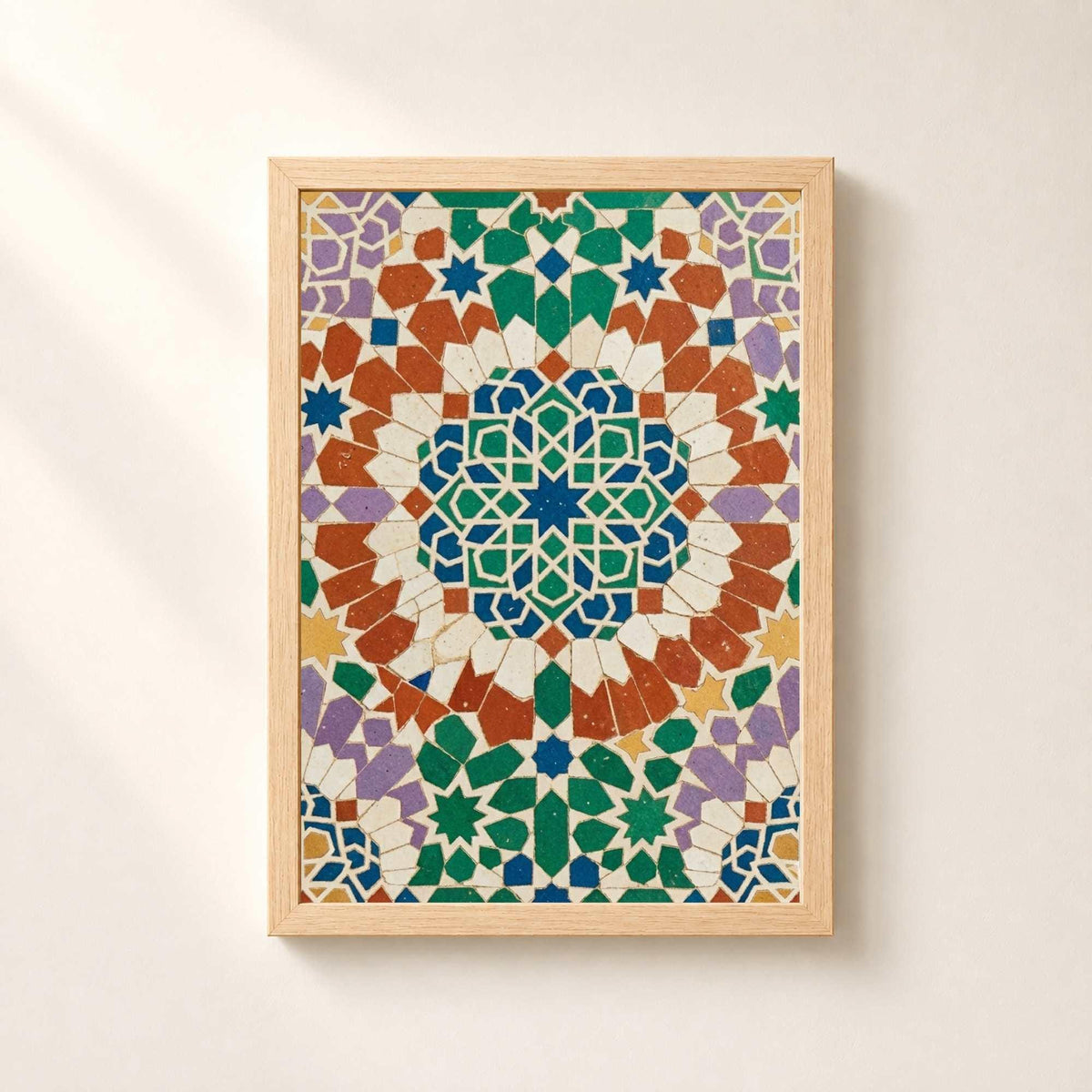 Zellige tile print, colorful geometric rosette mosaic in green blue terracotta purple, islamic wall ar