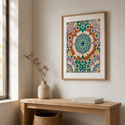 Zellige mosaic poster, star pattern emerald cobalt terracotta purple yellow, natural wood frame boho