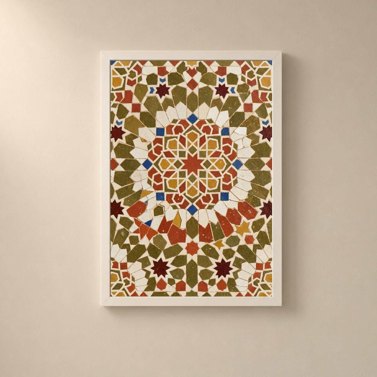 Affiche zellige mosaïque tons terre, art mural géométrique islamique vert olive terracotta