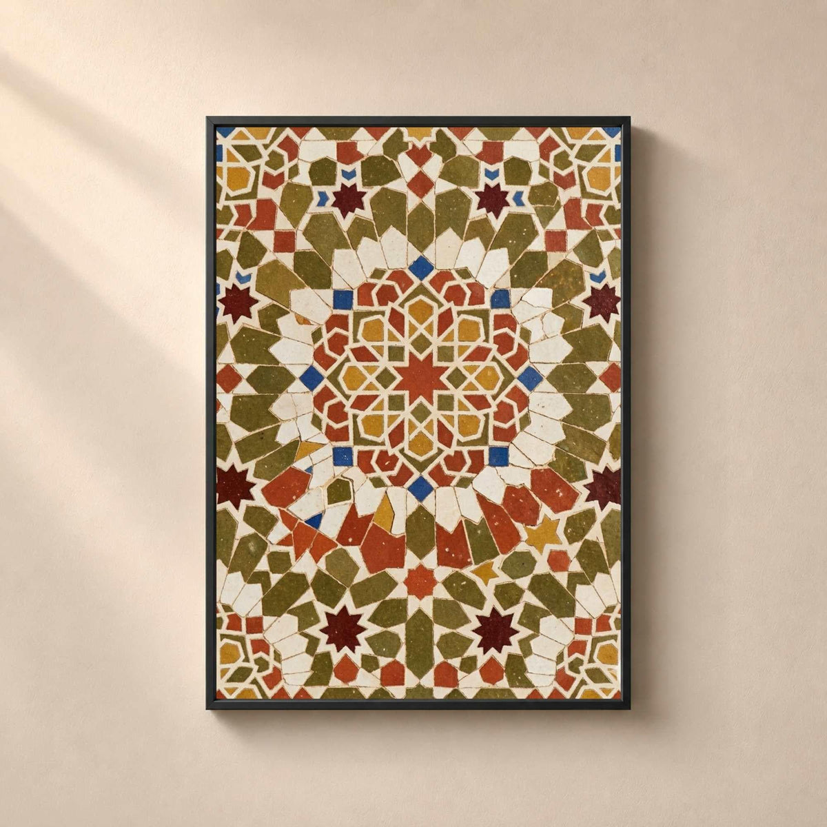 Affiche zellige mosaïque tons terre, art mural géométrique islamique vert olive terracotta