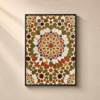 Affiche zellige mosaïque tons terre, art mural géométrique islamique vert olive terracotta