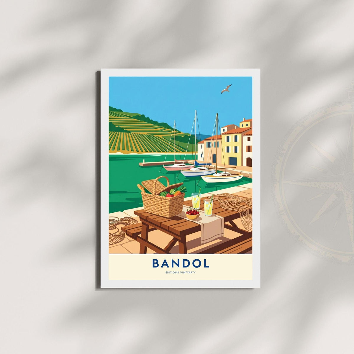 Affiche Bandol Provence, art mural port et vignobles, illustration voyage pique-nique bord de mer