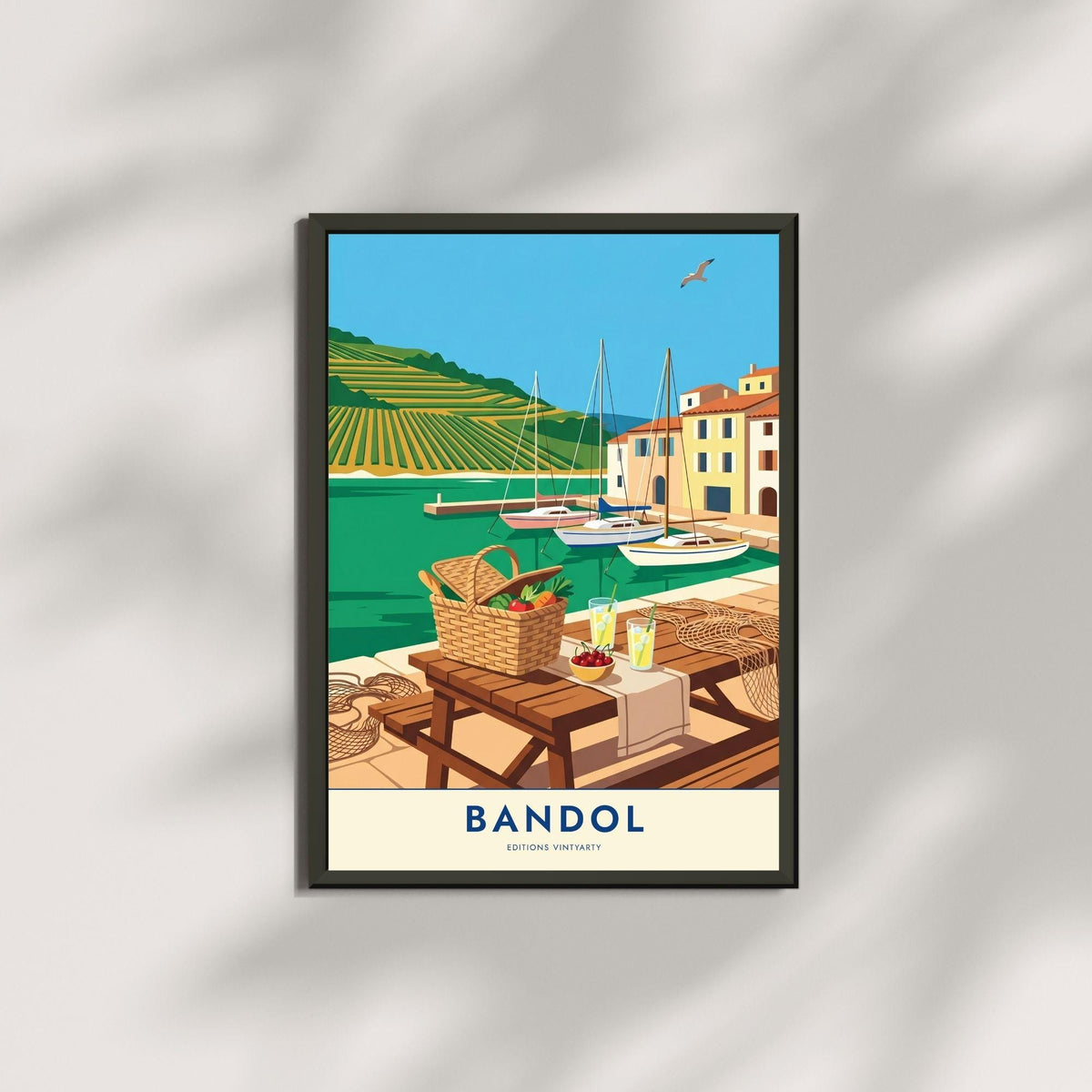 Affiche Bandol Provence, art mural port et vignobles, illustration voyage pique-nique bord de mer