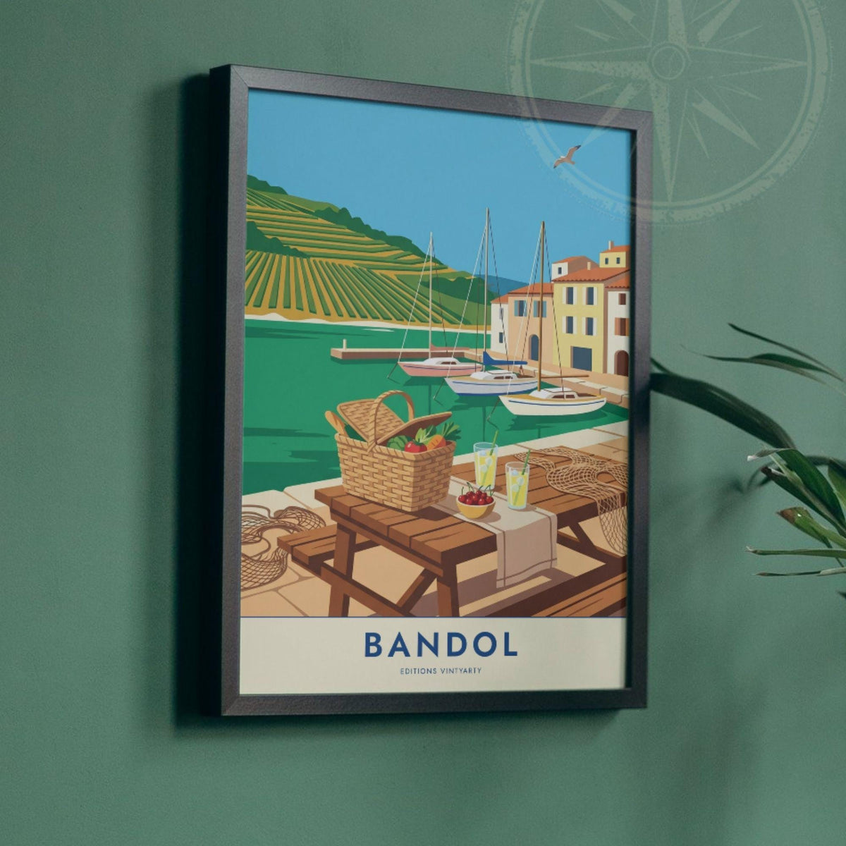 Affiche Bandol Provence, art mural port et vignobles, illustration voyage pique-nique bord de mer